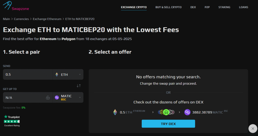 Swap Ethereum for Polygon (MATIC) Effortlessly Using Swapzone