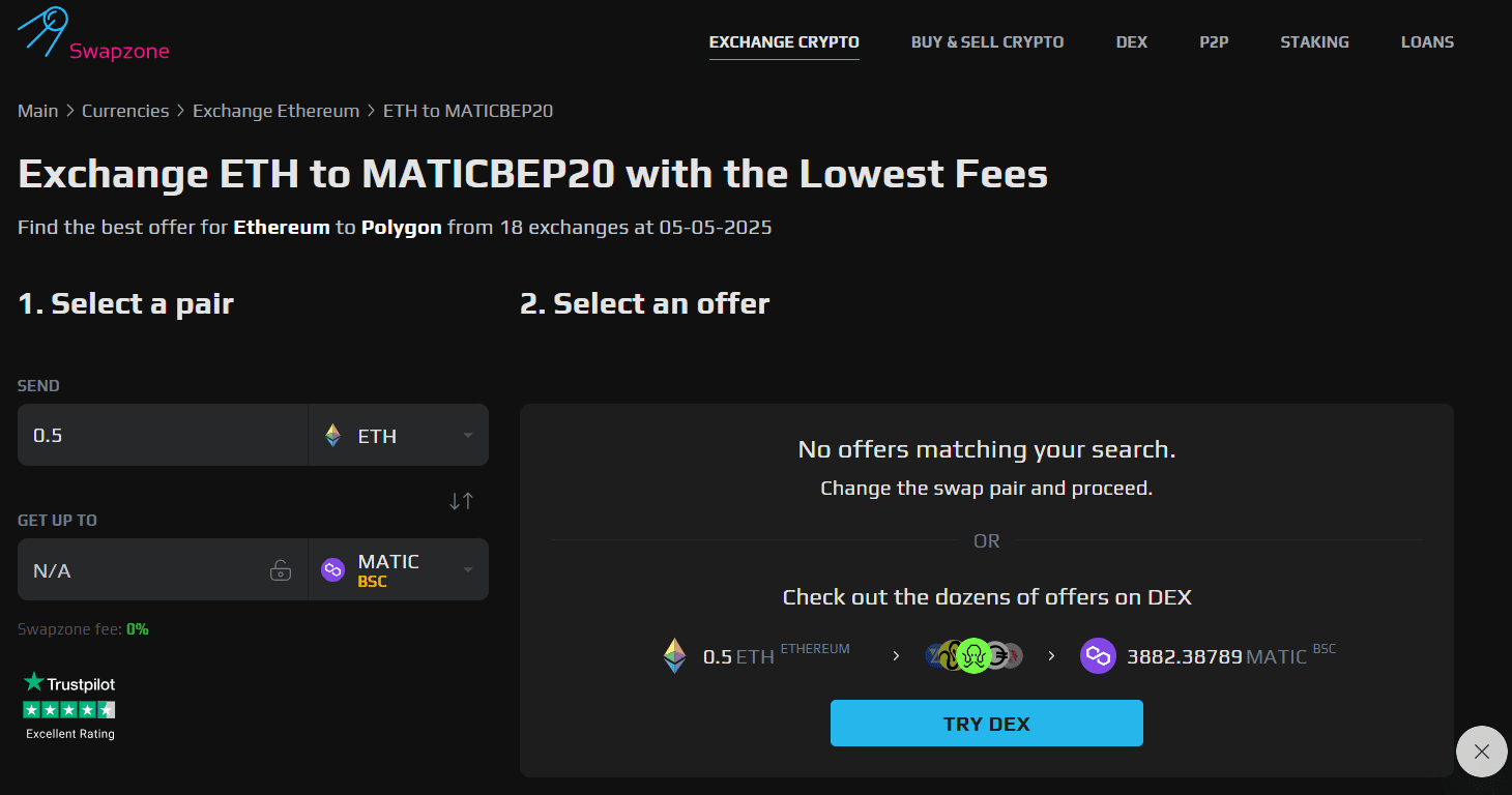 Swap Ethereum for Polygon (MATIC) Effortlessly Using Swapzone